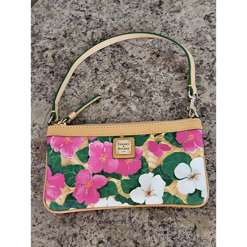Dooney & Bourke Pink And White Tropical Pansies & Hibiscus Basketweave Wristlet